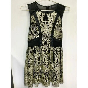 ASTR Womens Black Gold Lace Mesh Sleeveless Embroidered Mini Dress Large‎